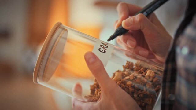 Housewife carefully labels glass storage jar with granola in her kitchen, illustrating proper food storage. The tidy act highlights organization, preserving freshness and keeping an efficient pantry