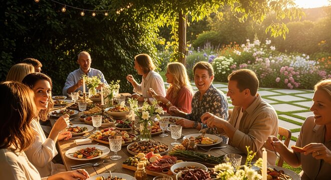 A group of happy people enjoy an outdoor dinner party in a beautiful garden during golden hour. They sit around a long table filled with food and drinks, surrounded by blooming flowers.
