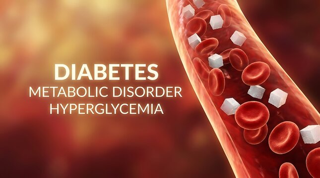 Close up of a blood vessel showing red blood cells and sugar cubes representing hyperglycemia and diabetes, a metabolic disorder