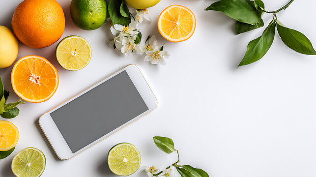 flatlay of lemon slices ,tablet and citrus on white background 