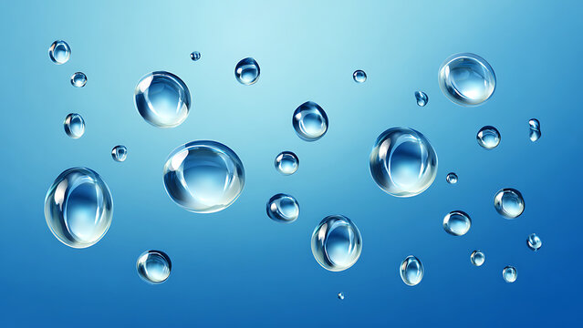 Close-up of Clear Water Droplets on a Blue Gradient Background.