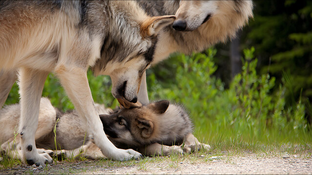 Three Wolves Interacting in a Forest Setting.