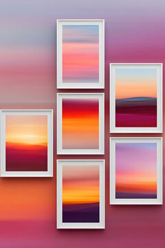 Vibrant Sunset Gallery: Six Abstract Landscapes on a Pink and Purple Gradient Wall