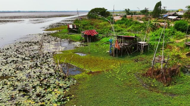 Aerial view of traditional Thai fishing huts and giant lift nets (Yor nets) by the Red lotus Sea, Udon Thani, Thailand, tropical wetlands landscape and authentic Southeast Asian fishing culture