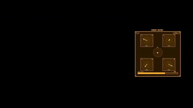 An animated amber interface widget displaying thrust vectoring data, featuring four directional gauges, a balance indicator, and a total thrust progress bar. Loops seamlessly for compositing.