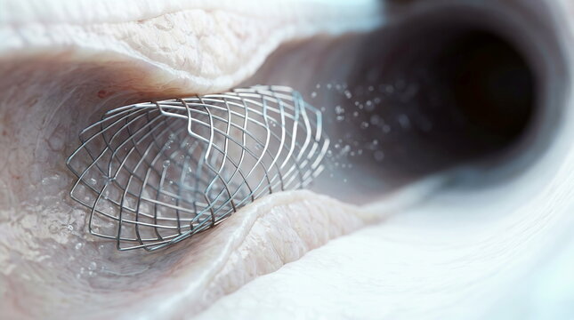 Vascular stent device opening artery in cardiovascular system, symbolizing cardiac health intervention.