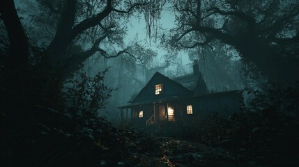 Obraz premium An old, rustic wooden house is shrouded in dense fog and surrounded by dark, mysterious forest trees.