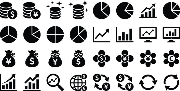 Financial and business analytics icon set featuring coin stacks money bags pie charts growth graphs and currency symbols vector illustration