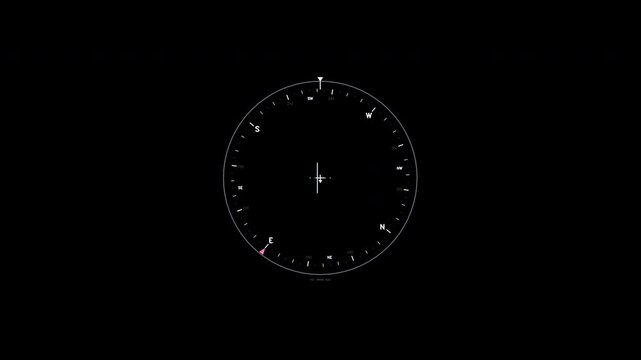 A white circular compass dial with cardinal directions and a rotating magenta pointer animated over a transparent background. This HSI interface element loops seamlessly for compositing.