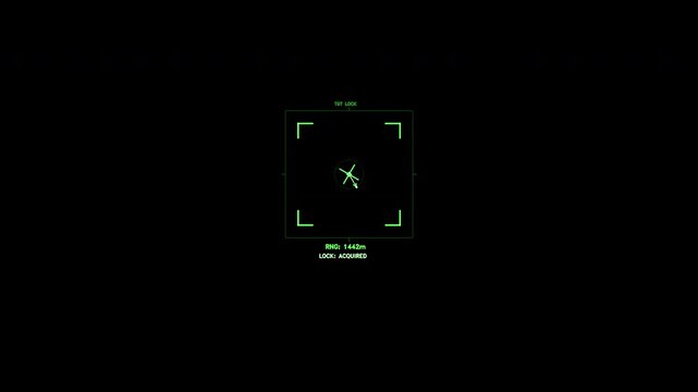 Green HUD targeting reticle with corner brackets, range data, and an animated tracking crosshair. This digital interface element loops seamlessly for video compositing.