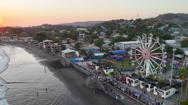 Aerial view of Surf City Tourist Attraction with Amusement Rides at Puerto de La Libertad, El Salvador