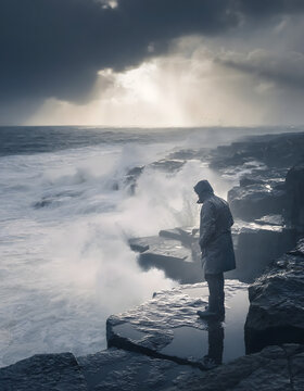 Lone figure contemplates the turbulent ocean waves crashing against rocky cliffs under dramatic stormy skies
