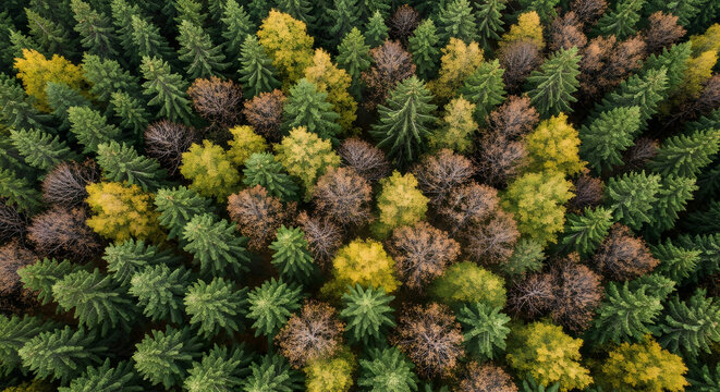 Aerial view of a forest with trees changing colors in autumn season