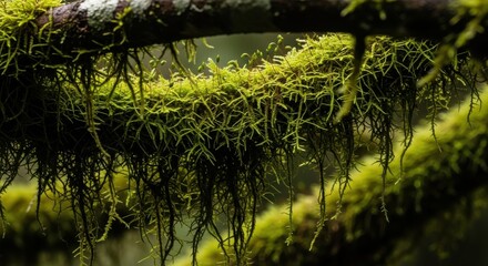 Naklejka premium Lush green moss hanging from forest branch