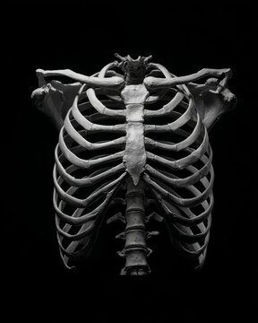 detailed view of a human rib cage skeleton against a stark black background, emphasizing anatomical structure and human biology