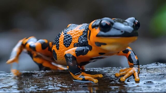 Vibrant amphibian perched on a log by water's edge