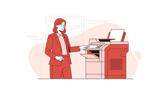 Businesswoman operating a modern office copier for printing.