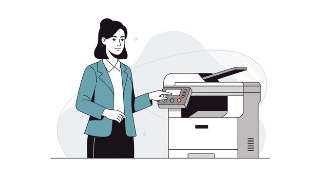 Businesswoman using office copier machine for printing documents, modern office technology