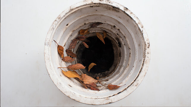 A close-up view of a dirty drain pipe collecting fallen leaves, illustrating the impact of pollution and nature's cycle.