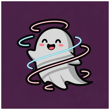 Cute cartoon ghost character smiling happy.