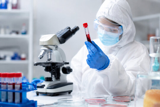 Scientist Analyzing Ebola Virus Blood Sample in Biohazard Laboratory With Protective Hazmat Suit and Microscope