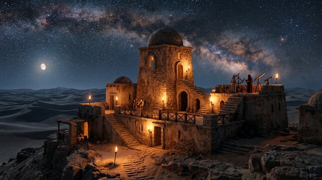 Atmospheric ancient observatory in a desert environment illuminated by warm torchlight beneath a dramatic starry night sky.