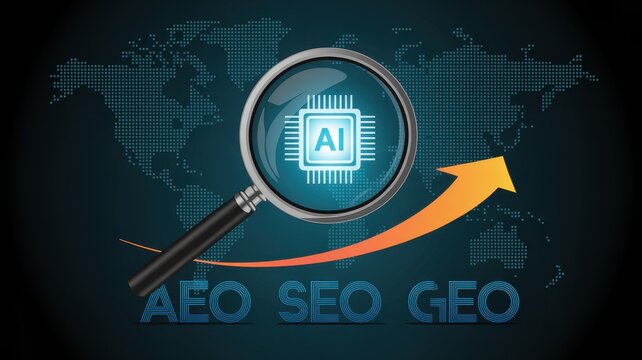 Magnifying glass over AI processor chip with global map background representing AEO SEO and GEO