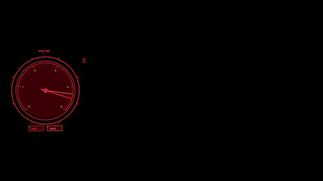Red digital hydraulic pressure gauge featuring dual moving needles and fluctuating PSI readouts. Includes a leak warning indicator and loops seamlessly for technical overlays.