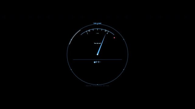 A cyan digital turn and bank aviation instrument featuring a sweeping needle, inclinometer ball, and status indicator light. Animated gauge loops seamlessly as a transparent tech overlay.