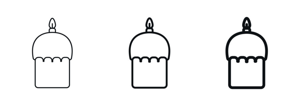 Traditional Eastern European Easter bread with icing and a candle on top. Line icon in thin, regular, bold outline styles. Bakery symbol for holiday, pastry, religion and celebration themes. Vector