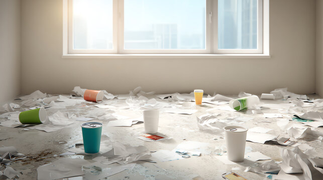 A cluttered room filled with trash, showcasing environmental neglect and the impact of consumerism on living spaces.