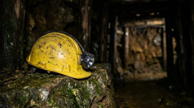 Yellow mining helmet with headlamp resting on a rock in a dark mine.