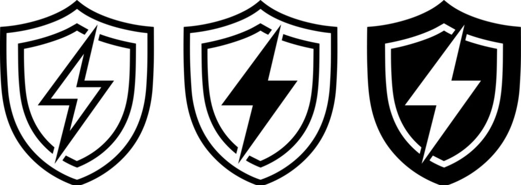Set of shield icons with lightning bolt symbols
