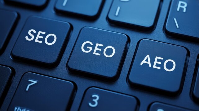 Close-up view of keyboard keys labeled SEO, GEO, and AEO