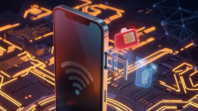 A smartphone displays wireless connection symbols while interacting with sim cards and digital elements in a tech setup.