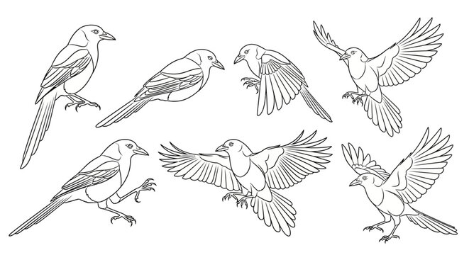 Set of hand-drawn crows in various poses for design