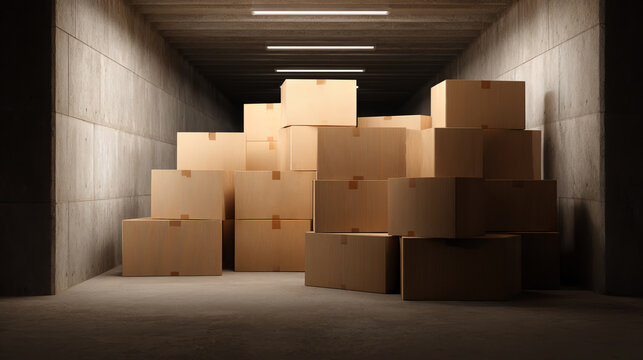 A collection of stacked cardboard boxes inside a storage space, highlighting organization and logistics in an industrial setting.