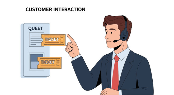 Customer Service Agent with Tickets, Illustrating Queue Management and Support