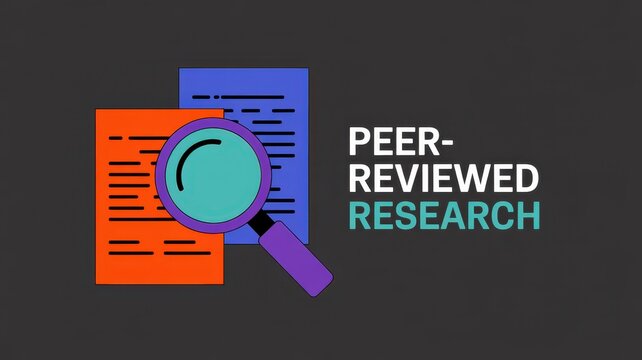 Peer-reviewed research concept with magnifying glass over documents illustration on a dark gray background