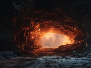 Obraz premium Intense orange light streams through a dark rock tunnel, creating a dramatic and warm atmosphere of heat and mystery.