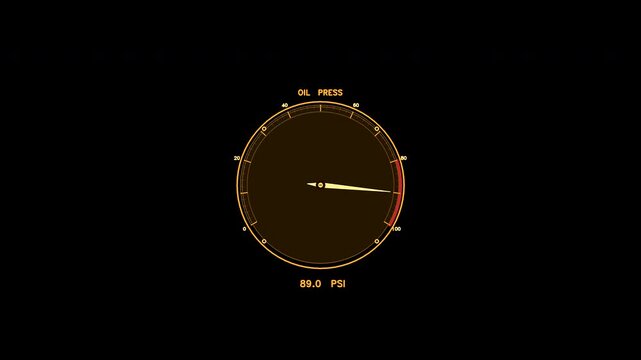 An amber oil pressure gauge HUD element featuring an animated needle and digital PSI readout. Loops seamlessly for compositing as a mechanical status overlay.