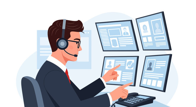 Customer service representative with headset looking at computer screens with data