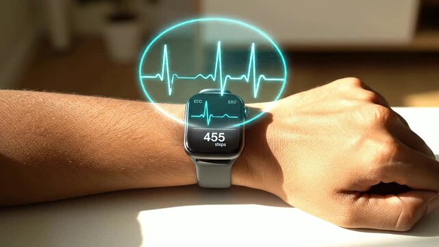 Smartwatch Displaying Heart Rate Monitoring Technology on Human Wrist Against Softly Blurred Indoor Background