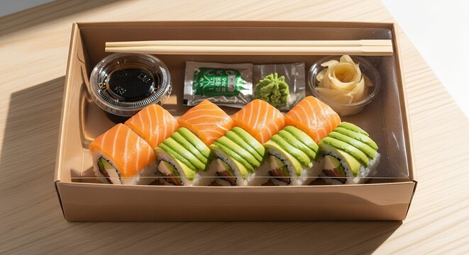 Boxed sushi rolls with chopsticks and condiments for takeaway service