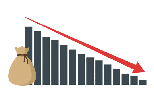 Declining business bar chart with money bag and red arrow