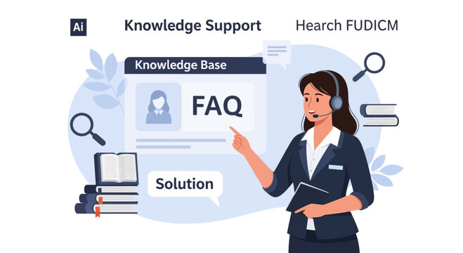 Customer support agent with headset pointing at FAQ screen, knowledge base, problem solving