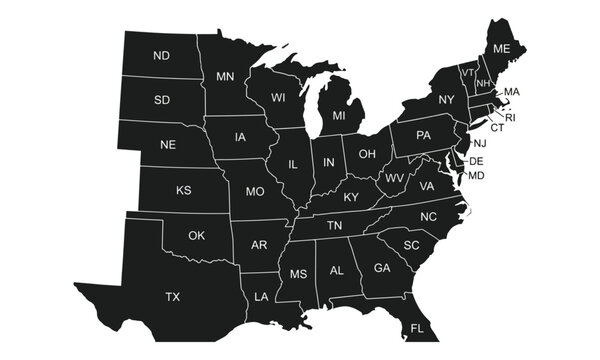 United States East and Central Map with State Abbreviations