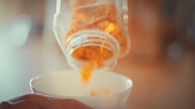 In cozy home kitchen, woman prepares nutritious breakfast by pouring cornflakes into a bowl. Her hands carefully handle the healthy food, reflecting her commitment to proper nutrition and a lifestyle