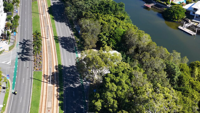 Aerial View of Gold Coast Highway and Light Rail Tracks Beside Nerang River