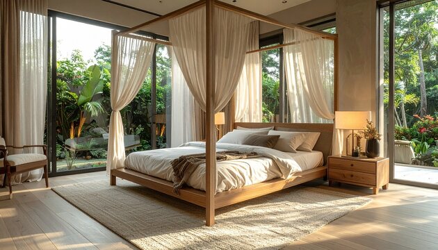 A serene bedroom interior featuring a wooden canopy bed with sheer curtains overlooking a lush tropical garden during a warm sunny morning.